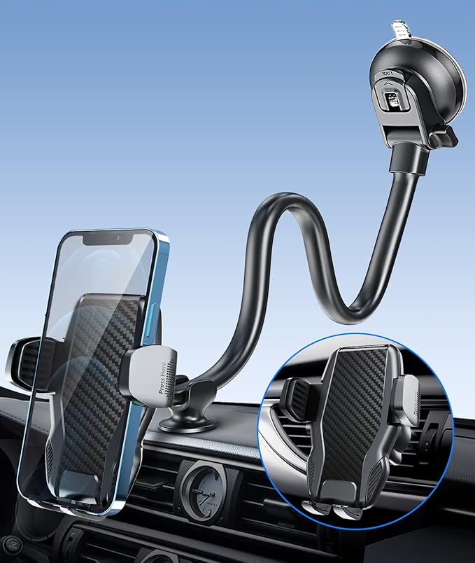 APPS2Car Car Phone Holder Mount Gooseneck Dashboard Windshield Suction Cup Phone Mount Anti-Shake Stabilizer Phone Car Cradle Compatible with All Cellphones & Thick Phone Case-H3S Carbon Fiber Style