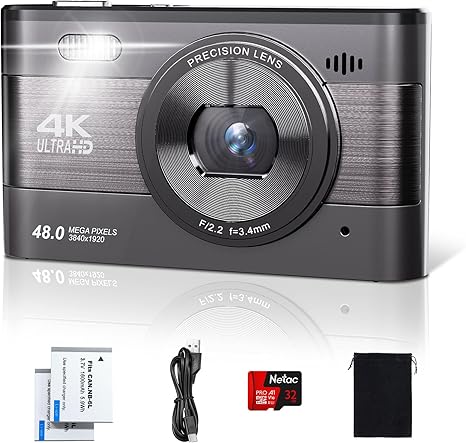 4K Digital Camera for Photography, 48MP Vlogging Camera with SD Card, 3'' IPS Screen Compact Camera with Flash, 18X Digital Zoom Travel Camera (2 Batteries)