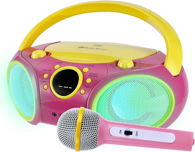 SingingWood NP030AB-YP Portable Karaoke System, Portable CD Player Boombox with Bluetooth for Home AM FM Stereo Radio, Headphone Jack, Portable Karaoke Supported AC or Battery Powered - Pink