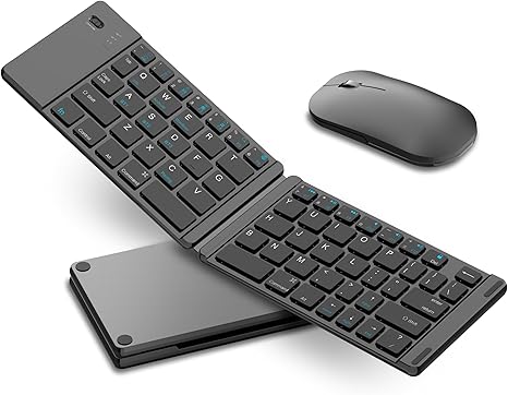 Acoucou Foldable Keyboard and Mouse Combo, Wireless Keyboard and Mouse Set, Portable Travel Keyboard for Tablet Smartphone Laptop, Compatible with Mac/iOS Windows Android System-3 Bluetooth Channels