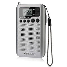 Load image into Gallery viewer, Retekess TR106 Portable Mini Pocket Radios AM FM Digital Tuning, AAA Battery Powered, Support Clock, Alarm, Sleep Timer, FM Stereo for Walking (Silver)
