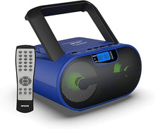 Load image into Gallery viewer, Riptunes Portable CD Player Boombox AM FM Radio, Bluetooth, USB, Aux-Input, MP3 CD Stereo Sound with Bass Boost, Party Lights, Headphone Jack, Backlit LCD Display, with Remote, Blue
