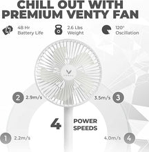 Load image into Gallery viewer, VENTY Portable Fan - Wireless Battery Operated Fan, 48HR Run Time 16000MAH Battery, Oscillating Rechargeable Fan, Remote Control &amp; LED Lighting, Folding Telescopic Camping Fan (White with Case)
