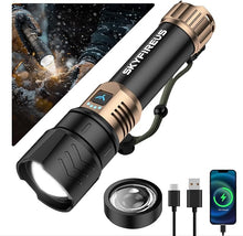 Load image into Gallery viewer, SKYFIRE LED Flashlight 10000 High Lumens,Super Bright Rechargeable Flashlight with Ignition Lens, Zoomable,Four Modes,Waterproof Flash Light for Camping Essentials,Outdoor,Home (Black &amp;Gold)
