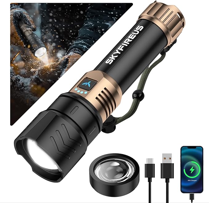 SKYFIRE LED Flashlight 10000 High Lumens,Super Bright Rechargeable Flashlight with Ignition Lens, Zoomable,Four Modes,Waterproof Flash Light for Camping Essentials,Outdoor,Home (Black &Gold)