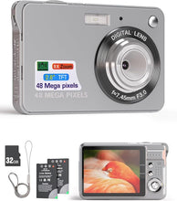 Load image into Gallery viewer, Andoer Digital Camera Compact: 4K 48MP,Auto Focus,16X Zoom,Anti-Shake, Face Detect,Smile Capture,Built-in Flash, with 2 Batteries and 32GB Card for Kids,Beginners- Silver
