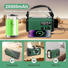 Load image into Gallery viewer, Emergency Hand Crank Weather Radio, 20000mAh AM/FM/NOAA Solar Powered Radio with Phone Charger, USB Charged, LED Flashlight Reading Lamp Headphone Jack, SOS Alarm, Compass for Emergency (Army Green)
