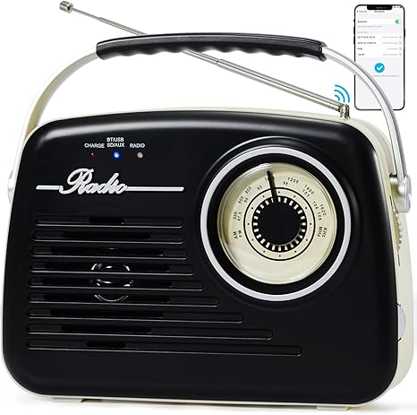 Am Fm Radios with Bluetooth, Portable Radio Support Battery Operated or Plug in Wall for Home & Outdoor, Strong Reception, Large Dial Easy to Use for Fishing/Party/Camping (Black)