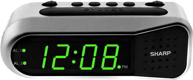 Sharp Digital Alarm Clock - Ascending Alarm Begins Faintly and Grows Increasing Louder, Gentle Wake Up Experience, Dual Alarm - Battery Back-up, Easy to Use with Simple Operation (Brushed Silver)