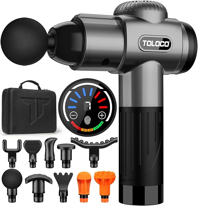 TOLOCO Massage Gun, Deep Tissue Back Massager for Athletes with 10 Massage Heads, Electric Muscle Percussion Massager for Any Pain Relief, FSA and HSA Eligible, Grey