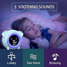 Load image into Gallery viewer, Kids Alarm Clock, Toddler Sleep Training Clock with Night Light, Sleep Sounds Machine, Nap Timer, Electric Bedside Desk Clock with USB Charging Port, Cute Kids Room Decor, Birthday
