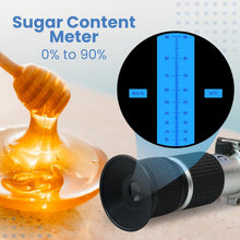 Load image into Gallery viewer, 0-90% Brix Refractometer with ATC - Accurate Sugar Content Measurement for Honey, Fruit, Maple Syrup and Beverages - Ideal for Homebrewing, Labs &amp; More
