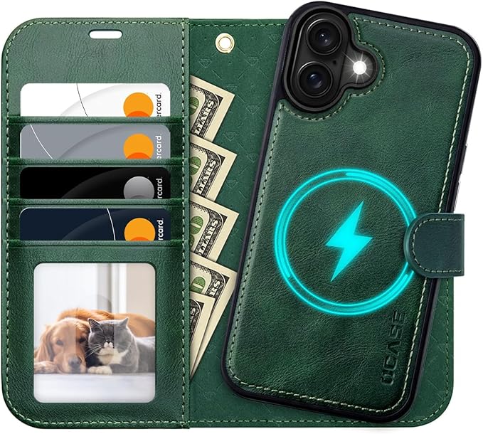 OCASE for iPhone 16 Plus Case Detachable Wallet Case with Card Holder, 2 in 1 Pu Leather Flip Folio with RFID Blocking Stand Wrist Strap Shockproof Phone Cover 6.7 Inch 2024, Blackish Green