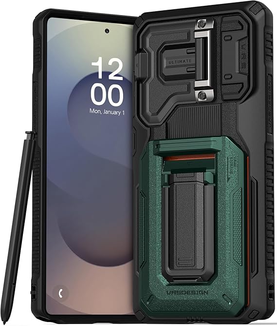 VRS DESIGN Origin Case for Galaxy S25 Ultra (2025), Rugged Wallet Card Holder [3 Cards] with Semi-Automatic Slot, Kickstand & Camera Cover (Metallic Green)