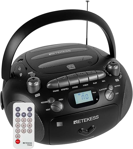 Retekess TR630 CD Cassette Player, Boombox CD Player AM FM Radio, Recording Transcription, USB, Micro SD, LCD Display, for Family