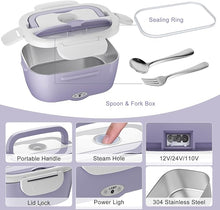 Load image into Gallery viewer, Electric Lunch Box Food Heater - 3 in 1 Portable Leakproof Heated Lunch Box for Car/Home/Adults with 1.5L Removable 304 Stainless Steel Container, 60-80W, 12V/24V/110V (Light Purple)
