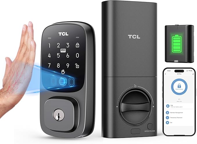 TCL D1 Pro Palm Vein Smart Lock, Keyless Entry Door Lock, 7800mAh Rechargeable Battery, App Remote Control, Upgraded Security Door Lock for Front Door, Auto Lock Electronic Deadbolt, Waterproof