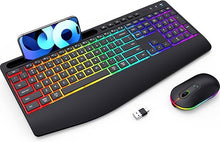 Load image into Gallery viewer, Wireless Keyboard and Mouse RGB Backlit- 2.4G Rechargeable Keyboard Full-Size with Phone/Tablet Holder, Silent Ergonomic Wireless Keyboard Mouse Combo for Computer, PC, Laptop
