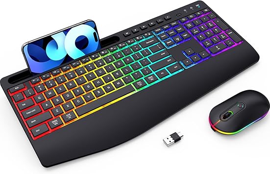 Wireless Keyboard and Mouse RGB Backlit- 2.4G Rechargeable Keyboard Full-Size with Phone/Tablet Holder, Silent Ergonomic Wireless Keyboard Mouse Combo for Computer, PC, Laptop