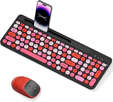 Bluetooth Keyboard and Mouse Wireless,Multi-Device Rechargeable Keyboard and Mouse Combo with Phone Holder BT 5.0+3.0+2.4GHz Quiet Ergonomic Compatible with Mac/Windows/iOS/Android(Black Pink)