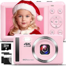 Load image into Gallery viewer, Digital Camera - 4K 64MP Digital Camera with 16X Digital Zoom for Photography - UHD Vlogging Camera for Kids and Teens - Compact Point and Shoot Digital Cameras with 32GB SD Card (Pink)
