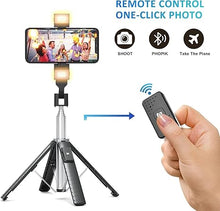 Load image into Gallery viewer, 41” Selfie Stick Tripod Quadrapod with 2 Rechargeable Fill Light, Extendable Tripod with Bluetooth Remote, Stainless Steel, 3 Light Modes, 9 Brightness Levels, Compatible for All iPhone &amp; Android

