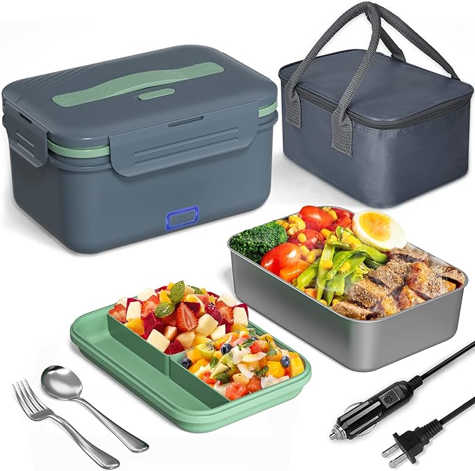 Monteka Electric Lunch Box Food Heater, Upgrade 100W High Power Portable Food Warmer, Heated Lunch Box for Adults Car/Home with 1.8L Removable Stainless Steel Container, 12V/24V/110V/220V, Grey