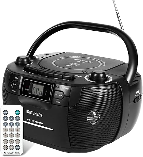 Retekess TR621 CD Player Boombox, Cassette Tape Player AM FM Radio, Stereo Sound, USB and TF Card Playback with Remote Control, Tape Recording, for Home(Black)