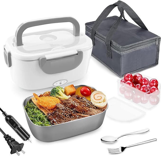 FVW Electric Lunch Box Food Heater, 3 in 1 Portable Food Warmer Lunch Box for Car & Home, Leak Proof, Lunch Heating Microwave with 304 Stainless Steel Container 1.5 L, 110V/12V/24V