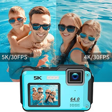 Load image into Gallery viewer, VETEK Underwater Camera, UHD 5K 64MP 16FT Waterproof Digital Camera with WiFi Connection 16X Zoom Selfie Dual Screens Waterproof Camera for Snorkeling with 32GB Card and 1200mAh Battery(Blue)
