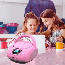 Load image into Gallery viewer, LONPOO Portable Boombox - CD Player, Bluetooth, USB, MP3, AUX, FM Radio, Portable, Built-in Stereo Speakers, Carrying Handle, LCD Display, Pink
