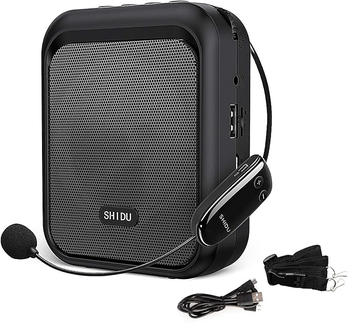 SHIDU Mini Voice Amplifier Portable Bluetooth Speaker with UHF Wireless Microphone Headset 10W 1800mAh PA system Supports MP3 Format Audio for Teachers, Coaches, Training, Tour Guide.