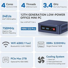 Load image into Gallery viewer, Beelink Mini S12 Pro Mini PC, 12th Intel Alder Lake-N100 (up to 3.4GHz, TDP 6W), 16GB DDR4 RAM 500GB M.2 SSD, Mini Computer Support 4K@60Hz Dual Display/WiFi 6/BT 5.2/USB 3.2/HTPC/Family-NAS
