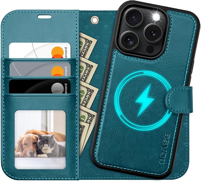 OCASE for iPhone 16 Pro Case Detachable Wallet Case with Card Holder, 2 in 1 Pu Leather Flip Folio with RFID Blocking Stand Wrist Strap Shockproof Phone Cover 6.3 Inch 2024, Peacock Blue