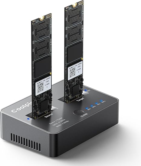 M.2 NVME/SATA Duplicator, Coolpie CR121 Dual-Bay Offline Clone M.2 NVME/SATA Docking Station,USB3.2 Gen2*2 20Gbps M.2 Cloner for SSD Size 2230/2242/2260/2280/22110