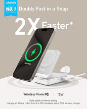 Load image into Gallery viewer, Anker MagGo 3-in-1 iPhone 16 Charging Station, MagSafe-Compatible Wireless Charger Stand, Qi2 Certified 15W Foldable Charger for iPhone 15/14, AirPods, Apple Watch 9 (40W USB-C Charger Included)
