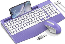 Load image into Gallery viewer, Wireless Keyboard and Mouse Combo, Ergonomic Keyboard with Wrist Rest, Phone Holder, Sleep Mode, 2.4G Lag-Free Rechargeable Compact Silent Cordless Keyboard Mouse for Windows, Mac, PC (Purple)
