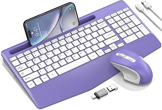 Wireless Keyboard and Mouse Combo, Ergonomic Keyboard with Wrist Rest, Phone Holder, Sleep Mode, 2.4G Lag-Free Rechargeable Compact Silent Cordless Keyboard Mouse for Windows, Mac, PC (Purple)