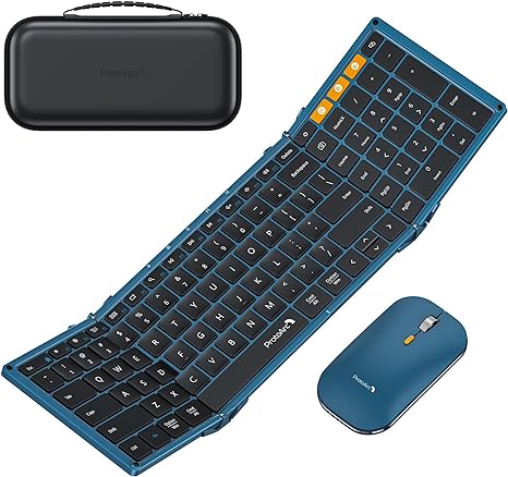 ProtoArc Foldable Keyboard and Mouse, XKM01 Folding Wireless Keyboard Mouse Combo for Business and Travel, 2.4G+Dual Bluetooth Full-Size Portable Keyboard for Laptop iPads Tablets - Blue