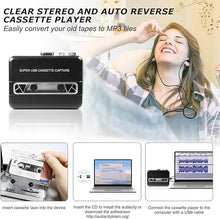 Load image into Gallery viewer, Portable Auto Reverse Cassette Player,Clear Stereo Cassette Tape Player With Big Speaker?Earphone,Cassette Tape to MP3 Converter,Powered by USB Power Cord or AA Battery Black
