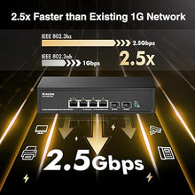 Load image into Gallery viewer, MokerLink 4 Port 2.5G PoE Switch with 2 Port 10G SFP+ Slot, 4 x 2.5G Base-T Ports Compatible with 10/100/1000Mbps, IEEE8023af/at PoE 78W, Metal Unmanaged Fanless Small Network Switch
