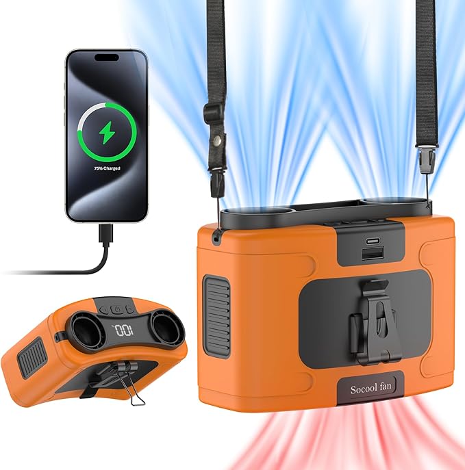 Socool 10000mAh Portable Waist Fan Clip on Wearable Belt Personal Fan Rechargeable Battery Operated with 9 Speeds & Flashlight Neck Fan Hands-Free 20H Cooling for Outdoor Camping Travel