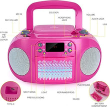 Load image into Gallery viewer, hPlay GC09 Kids Boombox, Top Loading CD Player, Bluetooth connectivity for Smartphones, Effortless AUX, USB, Radio and MP3 connectivity, Sing Along Function (Microphone not Included), Pink
