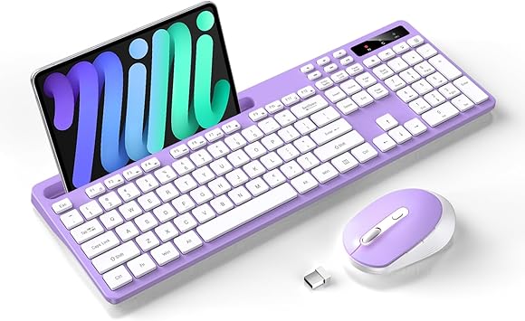 Wireless Keyboard and Mouse Combo, Soueto 2.4G Full-Sized Computer Keyboard with Phone Tablet Holder, 22 Multimedia Shortcuts, Numeric Keypad, 6 Button Silent Mouse for Windows, Mac (Purple-White)