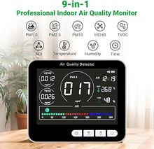 Load image into Gallery viewer, 14 in 1 Air Quality Monitor Indoor with Beep Alarm, 6 AQI Air Quality Detector with PM1.0|PM2.5|PM10|HCHO|TVOC|AQI|Temperature|Humidity|Time for Home, Hotel, Office, Car, Battery Powered Air Monitor
