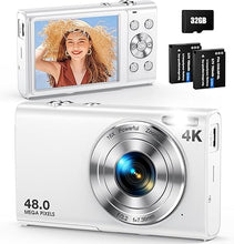 Load image into Gallery viewer, Digital Camera, Autofocus 48MP UHD 4K Vlogging Camera 16X Digital Zoom, Portable Compact Point and Shoot Digital Camera for Teens Adult Beginner with 32GB Card, 2 Batteries, Lanyard(White)
