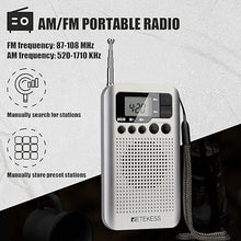 Load image into Gallery viewer, Retekess TR106 Portable Mini Pocket Radios AM FM Digital Tuning, AAA Battery Powered, Support Clock, Alarm, Sleep Timer, FM Stereo for Walking (Silver)
