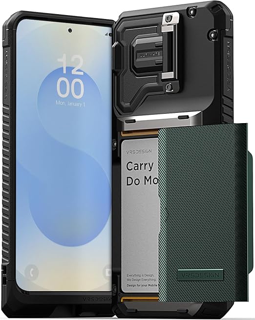 VRS DESIGN Damda Glide DuoGuard for Galaxy S25 Plus Case (2025), Premium Sturdy Fully Covered Camera Lens Protection Cover Card Holder Wallet Case (Metallic Green)