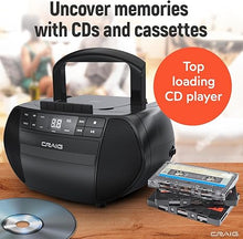 Load image into Gallery viewer, Craig Portable Top-Loading CD Boombox with AM/FM Stereo Radio and Cassette Player/Recorder in Black | Cassette Player/Recorder | LED Display (Black)
