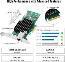 Load image into Gallery viewer, 10Gb PCI-E NIC Network Card for Intel X550-T1,2.5GbE/5GbE/10GbE Copper Singe RJ45 Port,with Intel ELX550AT2 Chip,10GbE PCI Express 3.0 X4 Adapter Support Windows/Linux/VMware

